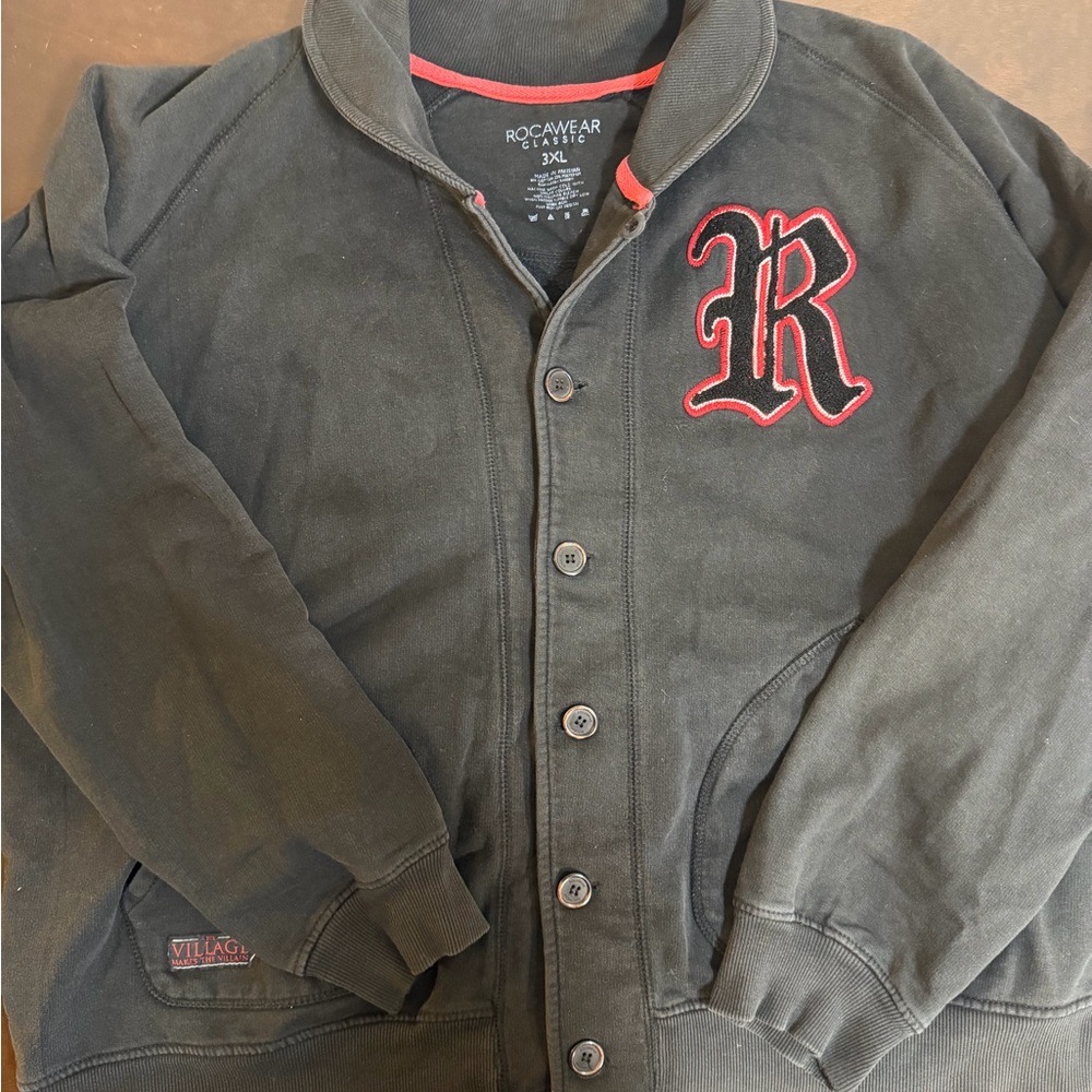 Rocawear Black Varsity Button Down Red Patch Button Up Size 3XL